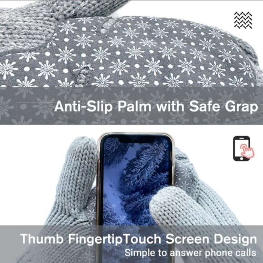 🆕Women Gray Touchscreen Sherpa Lined Cold Weather Chunky Cable Knit Mittens - Picture 4 of 8